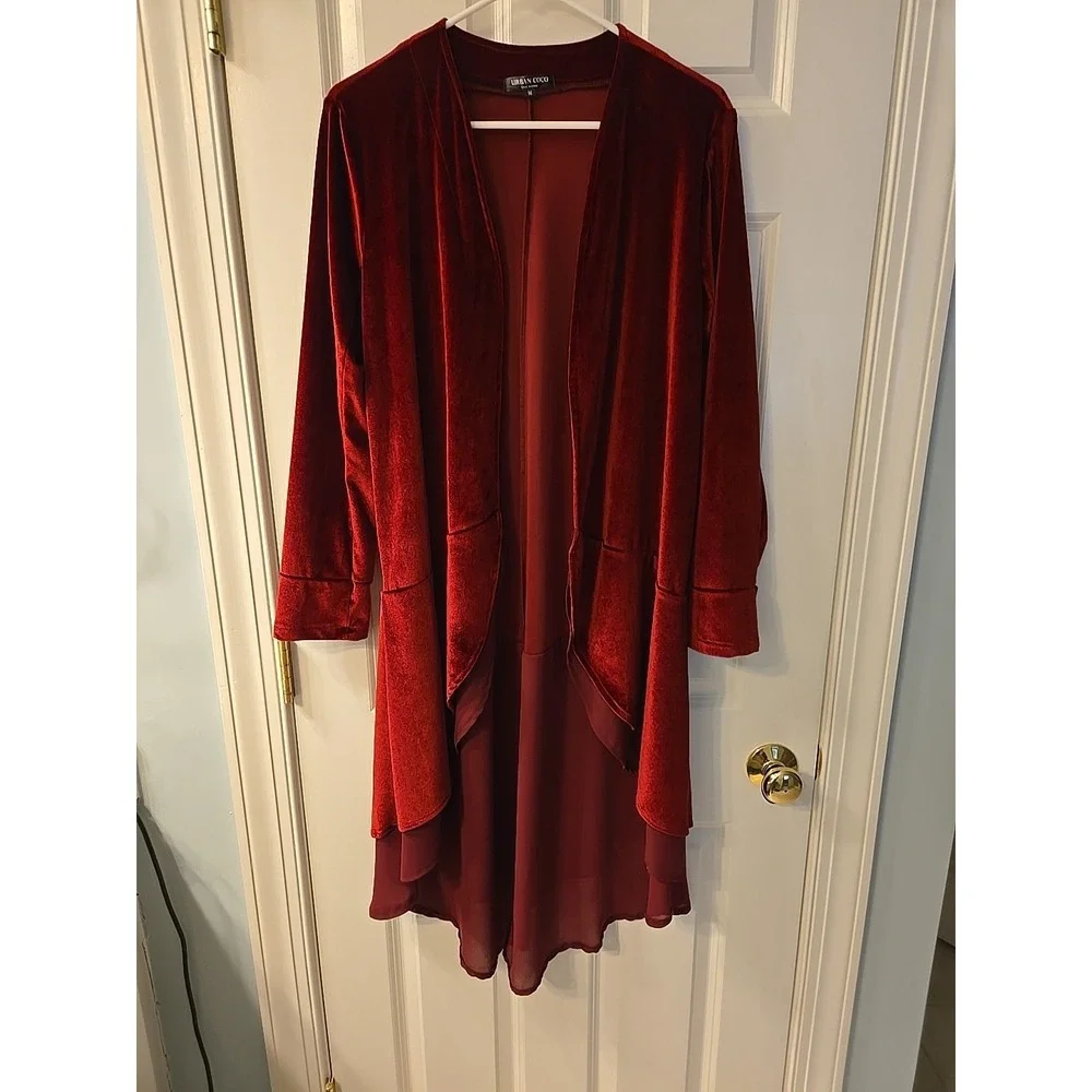 Urban CoCo Wine Red Velvet Cardigan Coat w/‎ Asymmetric Chiffon Hem Open Front M
